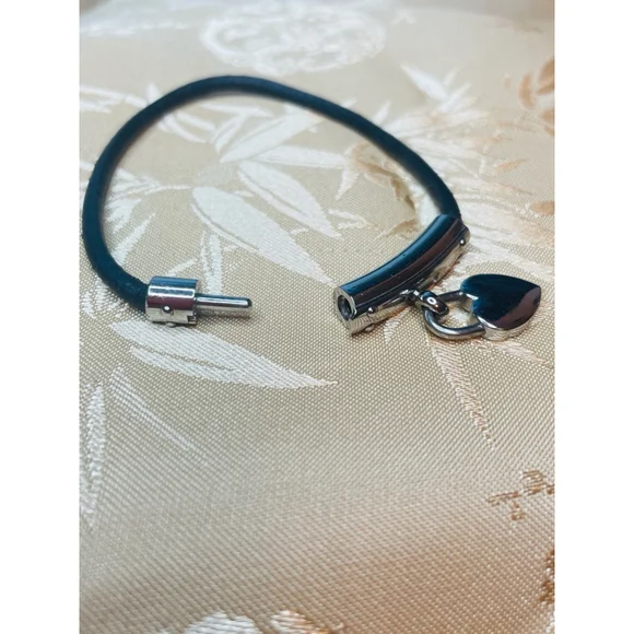 Hermes’ Black Leather Cadena Fantasy Bracelet with Silver Heart Charm 6” wrist